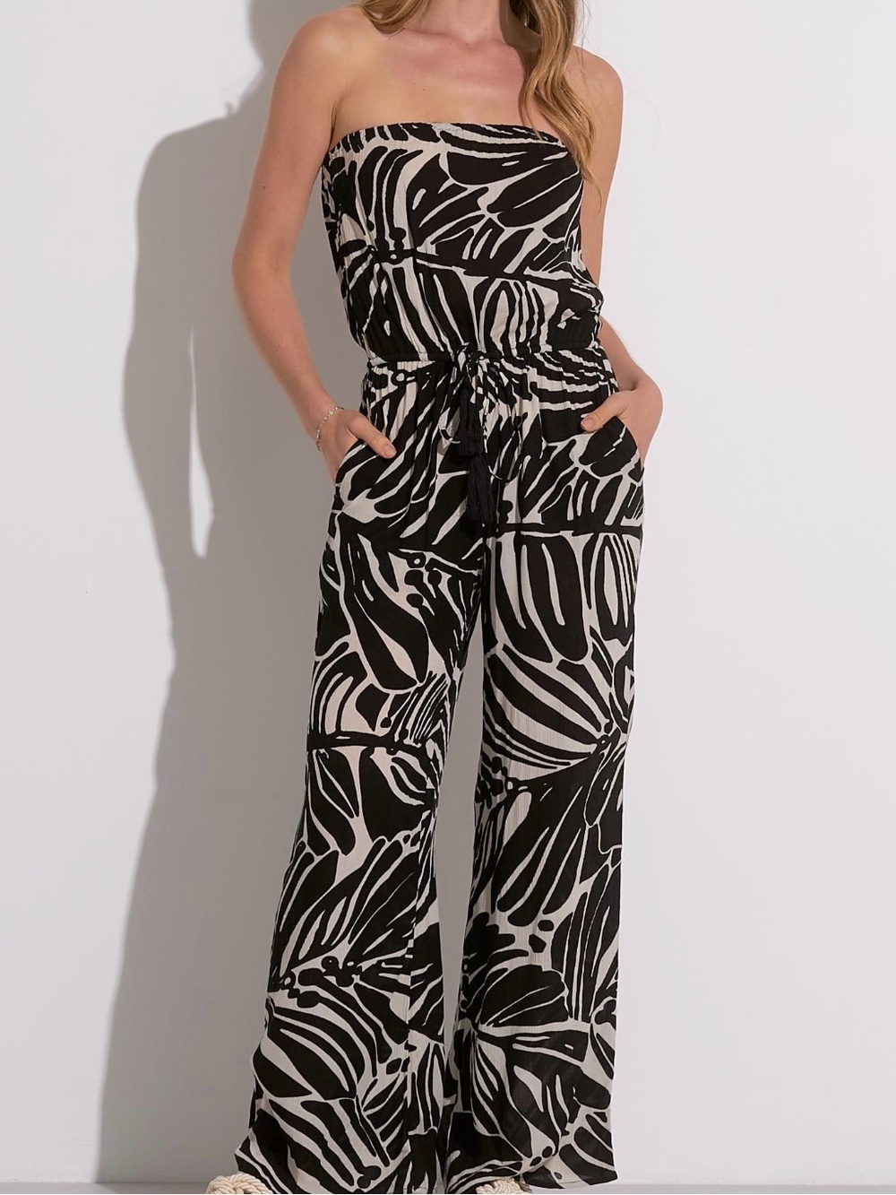 Elan Striped Leaf Print Strapless Jumpsuit